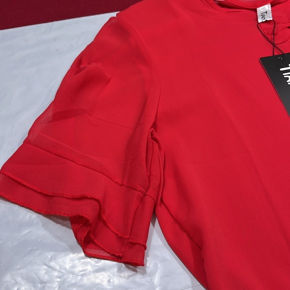 Coquette lolita RED chiffon SHEER blouse short flutter sleeves gem BOW TIE shirt - Picture 7 of 16